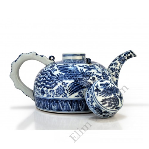 1485 A Ming b&w two phoenixes pattern bamboo-knots handle teapot 